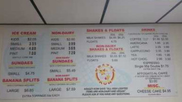 Krazzy Kow Ice Cream Coffee menu