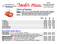 Moki Pizza menu