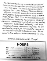 Elm's Pizza Parlor menu