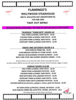 Flamingo's Hollywood Steakhouse menu