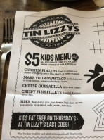 Tin Lizzy's Cantina menu