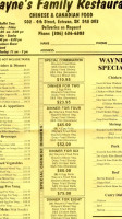 Wayne's Family Restaurant menu