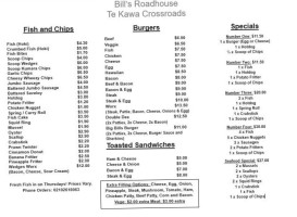 Bill's Roadhouse menu