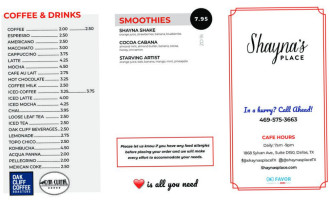 Shayna's Place menu