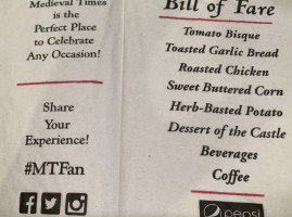 Medieval Times Dinner Tournament menu