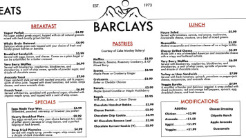 Barclays Coffee Tea menu