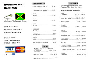 Hummingbird Carryout menu