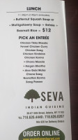 Seva Indian Cuisine menu