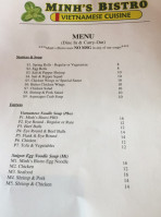 Minh's Bistro menu