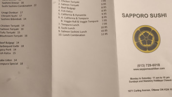 Sapporo Sushi Ottawa menu