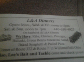 L&a Dinners menu