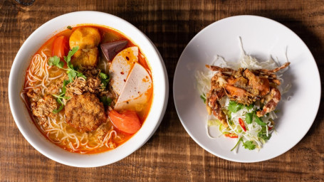 Crab Vermicelli Tomato Noodle Soup with soft shell crab on the side