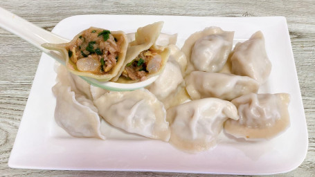 A01 Pan Fried Leek, Shrimp, and Pork Dumplings jiān xiān ròu jiǔ cài xiā rén shuǐ jiǎo