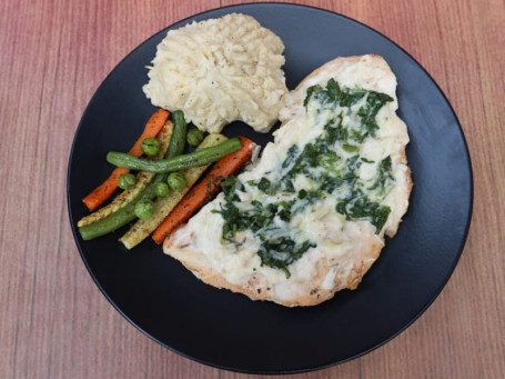 Chicken Steak In Creamy Spinach Sauce With Mash And Sauteed Veggies