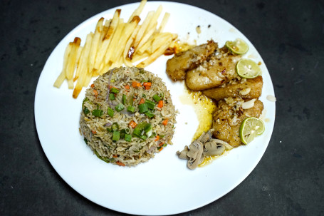 Fish Steak In Lemon Butter Sauce [Served With Fried Rice French Fries]