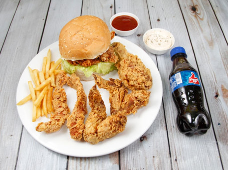 1Pc Chicken Burger 2Pc Chicken Hot Wings 2 Pc Chicken Strips 1 Pc Fried Chicken 1 Plate Fren