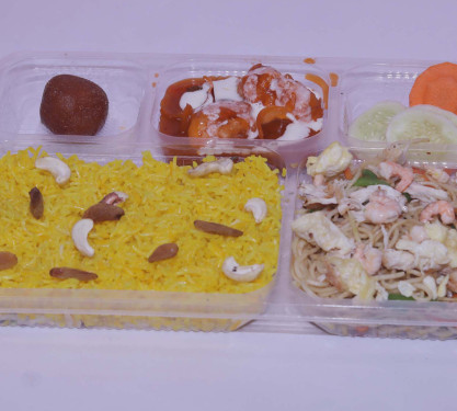 Jafrani Rice Mixed Noodles Butter Chicken (2Pcs) Gulab Jamun (1 Pc) Salad