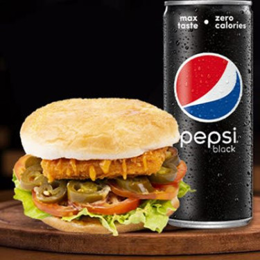 Crispy Paneer Burger Pepsi Black Can