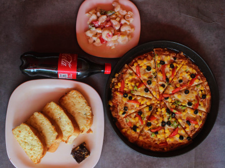 Couple Meal(1 Medium Veg Pizza Portion Of Garlic Bread With Cheese Salad Bowl (500 Gms) Brownie Coke (500 Ml)