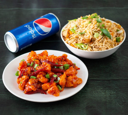 Szechwan Veg Fried Rice With Cauliflower Manchurian +Pepsi Coke