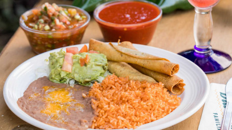 Taquitos, Guacamole, Rice Beans