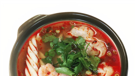 Spicy&Sour seafood soup with wontons suān là hǎi xiān tāng hún tún