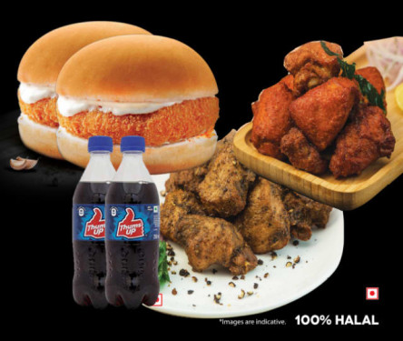 2 Crispy Chicken Burger Chicken Kebab Pepper Chicken 2 Soft Drink(200 Ml Each)