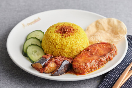 Nasi Kunyit with Asam Fish and Sambal Eggplants