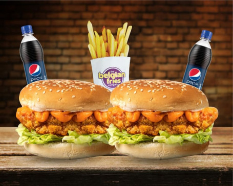 2 Chunky Chicken Burgers Fries 2 Pepsi Bottles