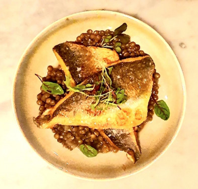 Pan Fried Seabass Fillets, Lentejas, Garlic And Parsley Oil