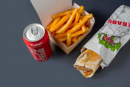 Kebab, Small Chips And A Can Of Soft Drink