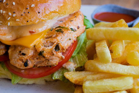 Grilled Chicken Tenderloin Burger And Chips