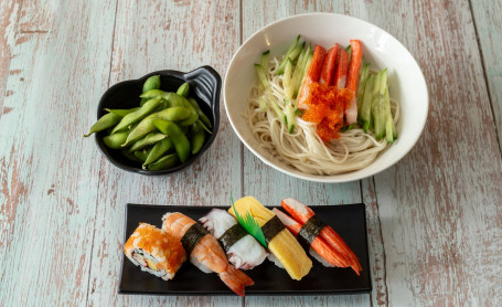 Meal E (Seafood Stick Cold Noodle, Edamame Beans And Sushi Platter)