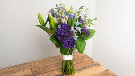 White, Blue, Purple Wrapped Bouquet
