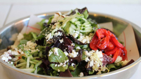 Feta Cheese, Baby Greens, English Cucumbers, Kalamata Olive Puree, Roasted Red Peppers, Lemon Oregan