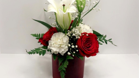 Small Red Round Vase, Assorted Flowers