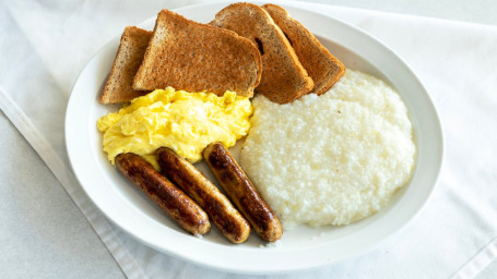 Eggs (3), Turkey Sausage (4) , Potatoes Grits, Toast Jelly