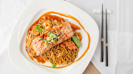 Grilled Teriyaki Glazed Salmon With Seafood Lo Mein Noodles