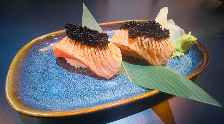 Salmon Aburi Zuke With Black Tobiko Nigiri *New*