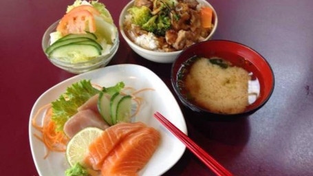 C10. Tuna Salmon Sashimi (4 Pcs), Chicken Or Beef Teriyaki Don, Salad Miso Soup