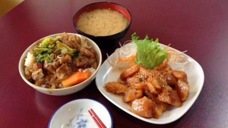 C11. Spicy Tuna Sashimi, Chicken Or Beef Teriyaki Don, Miso Soup