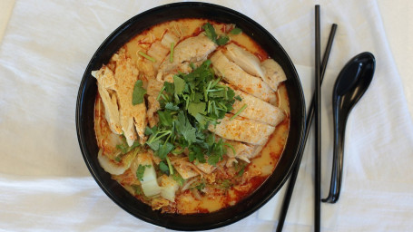 13. Boneless Hainanese Chicken With Laksa Soup Combo Zhāo Pái Wú Gǔ Hǎi Nán Jī Lǎ Shā Tāng Miàn Tào Cān