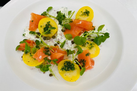 Smoked Salmon, Warm New Potatoes, Watercress, Chive Cr Egrave;Me Fraiche Lemon