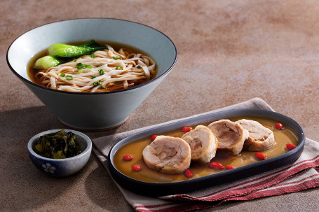 Gǔ Zǎo Huā Diāo Jī Juǎn Pèi: Shǒu Gōng Miàn Traditional Drunken Chicken Roll W/ Hand-Made Noodle Soup