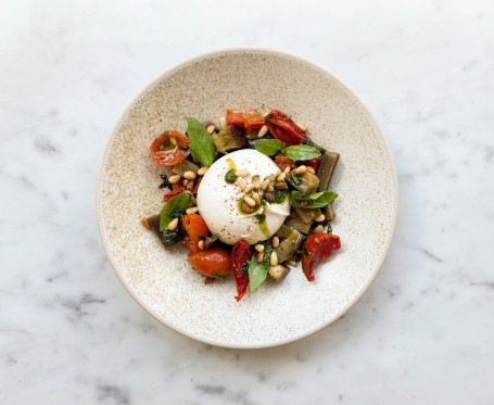 Burrata, Roast Aubergine With Cherry Tomatoes, Pesto, Basil, Pinenuts (V)