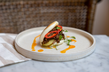Bao Bun With Pulled Beef, Pickled Cucumber Chilli