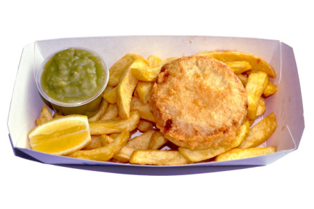 Gluten Free Fishcake, Small Chips Mushy Peas