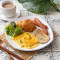 F. jīng xuǎn tào cān pèi niú jiǎo bāo、 jīn bù huàn chǎo dàn F. Breakfast Combo with Scrambled Egg with Basil