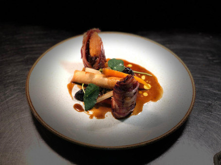 Longe De Lapin Sous Vide, Alsace Bacon, Rabbit Spring Roll, Agen Prunes, Buttered Swiss Chard, Organic Grains