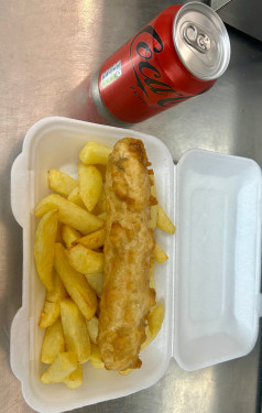 Jumbo Battered Sausage, Chips And A Can Of Coke Zero